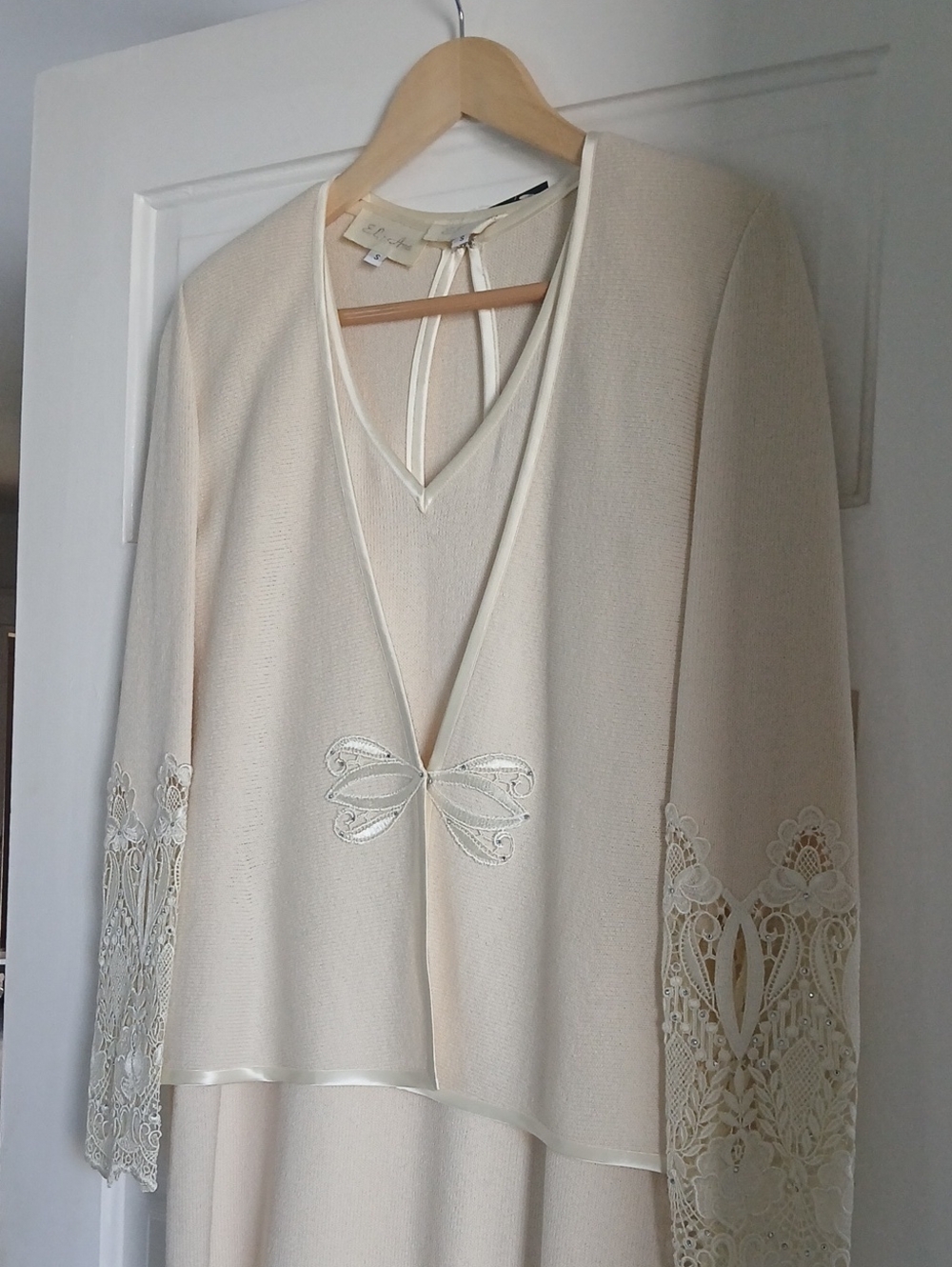 Rare Vintage Elana Evening Dress Jacket Set Sleeveless Maxi Lace Ivory #0997 SM